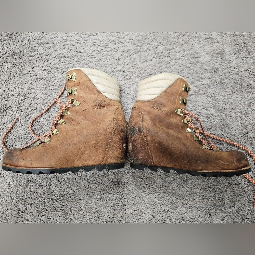 Sorel Womens 9.5 Conquest Hidden‎ Wedge Leather Winter Snow Boots Brown Lace Up - Picture 2 of 8